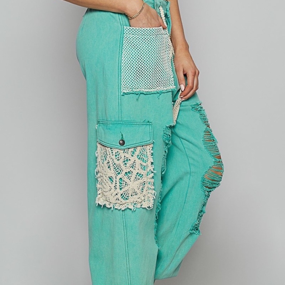 New POL Clothing Distressed Joggers Womens Sweatpants Teal Oversized Denim Pants - Picture 7 of 8